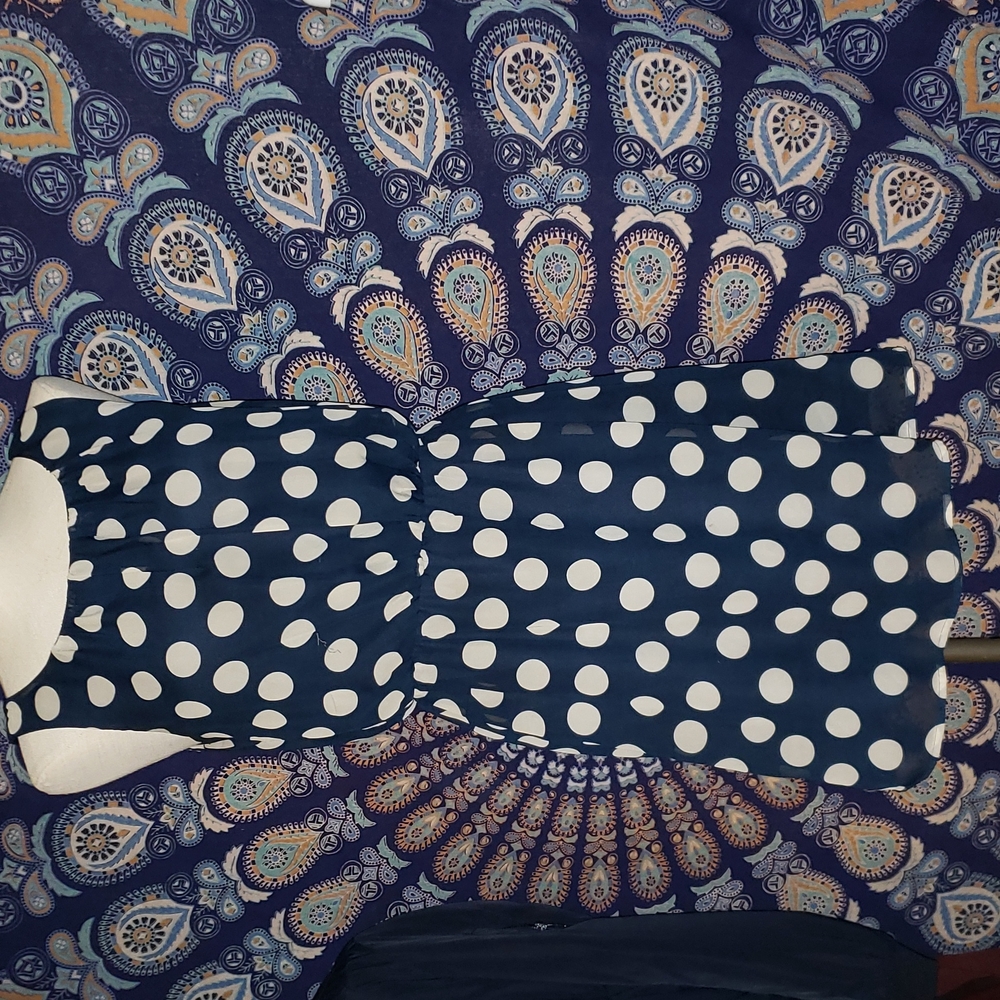 Navy,tan polka-dot dress,med love on a hanger.
